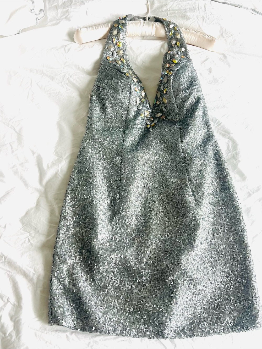 Stunning, COOL TeraniCouture Silver Sequin Halter Mini Dress w/Jewel Embellishme